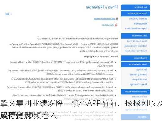 挚文集团业绩双降：核心APP陌陌、探探创收及付费用户数双下滑 频频卷入
案件合规
或待提升
