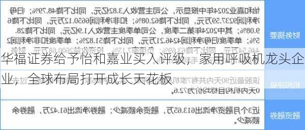 华福证券给予怡和嘉业买入评级，家用呼吸机龙头企业，全球布局打开成长天花板